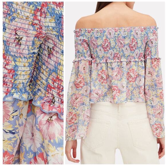 INTERMIX Lucy Silk Off-the-Shoulder Smocked Floral Long Sleeve Top | Small - Picture 7 of 10